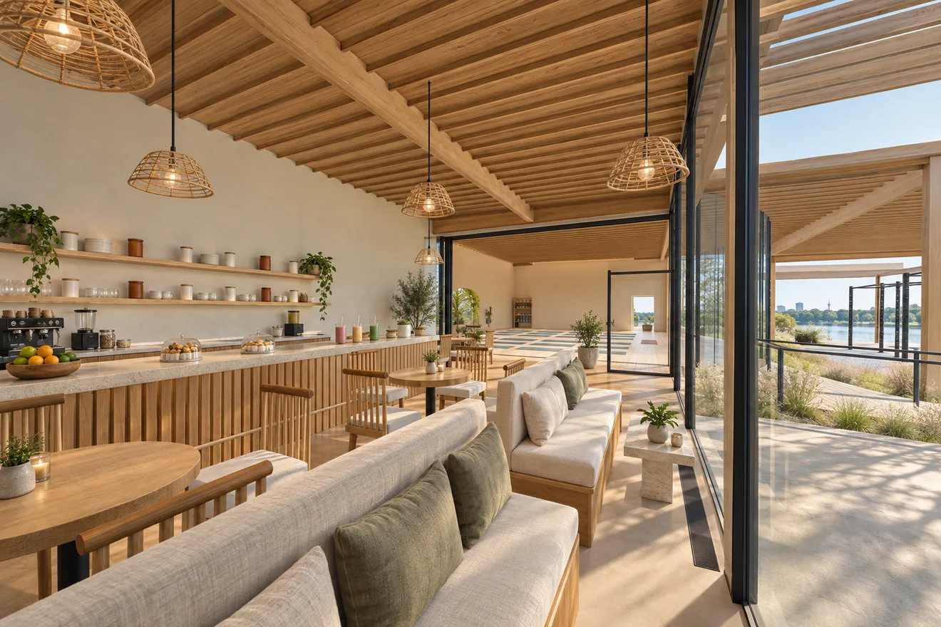 Café mit Theke, Sitzbänken zum Wasser und offener Verbindung zum Studio.